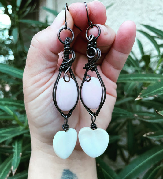 Pink Opal and Seashell Heart Earrings