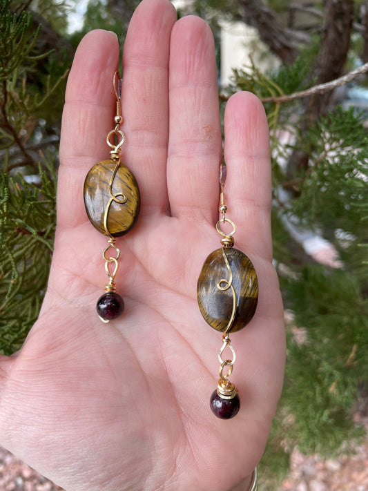 Tiger Eye and Garnet Wire Wrapped Earrings