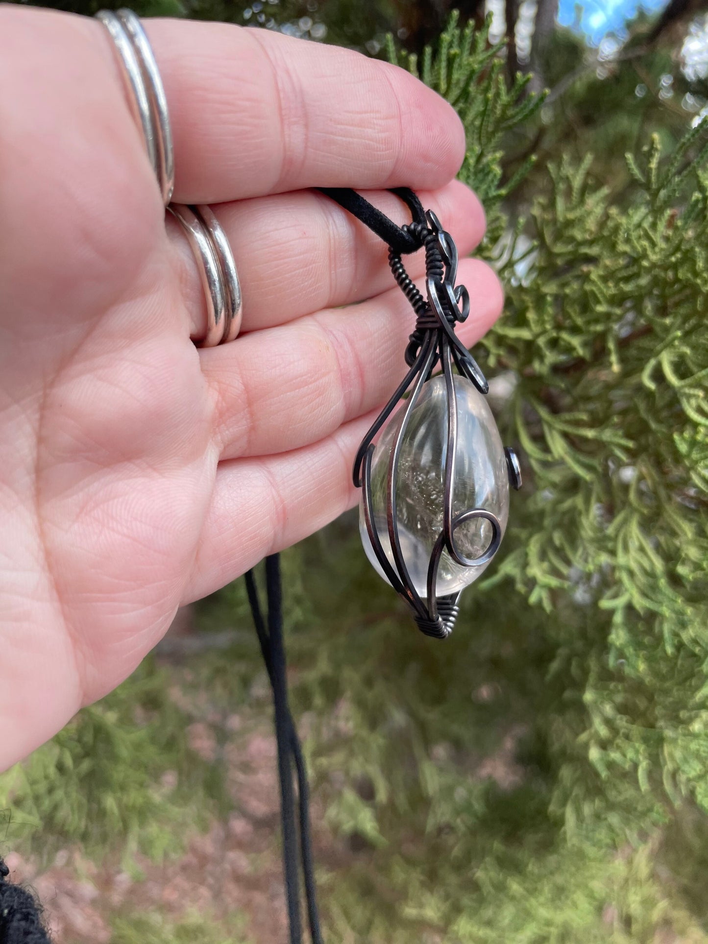 Clear Quartz Egg Wire Wrapped Pendant